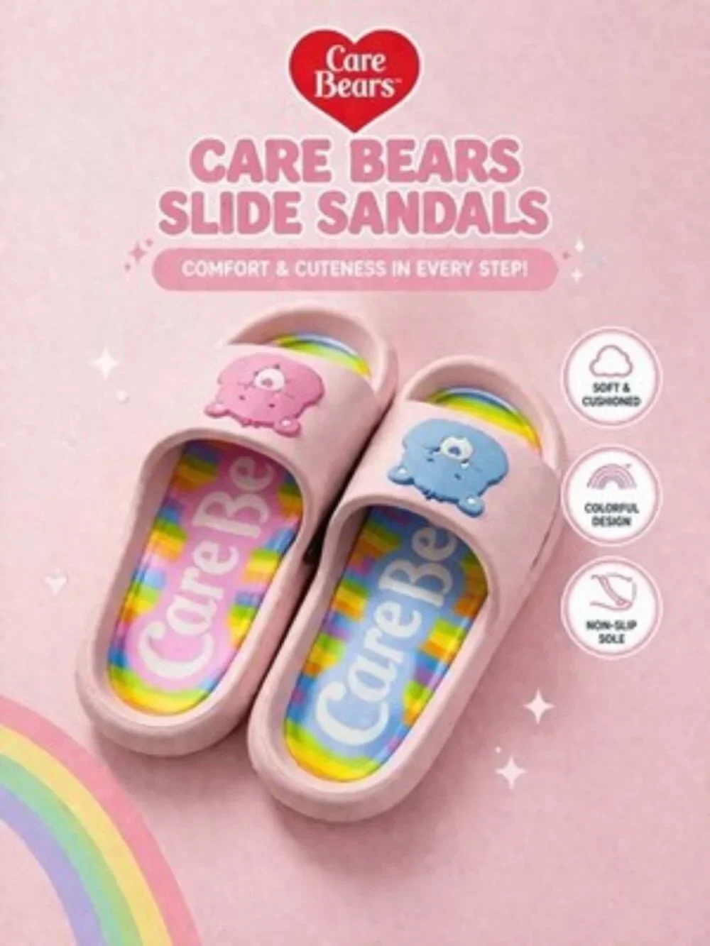 Care Bears Slide Sandals Pink Rainbow Slip-On Cushioned Non-Slip Size 6 - Picture 1 of 2